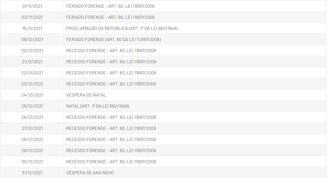 TJDFT divulga feriados e expedientes suspensos em 2020